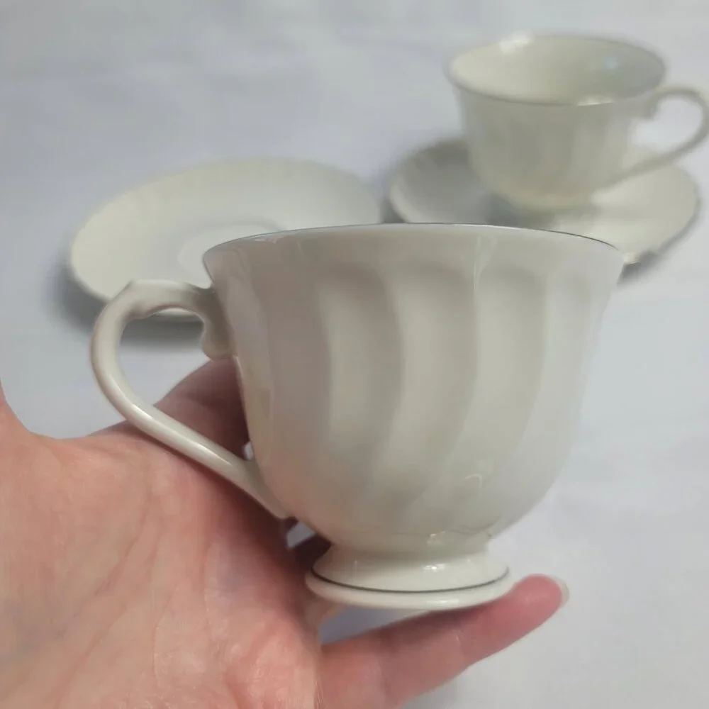 TWO Syracuse China Wedding Ring Cup & Saucer Sets White with Platinum Trim